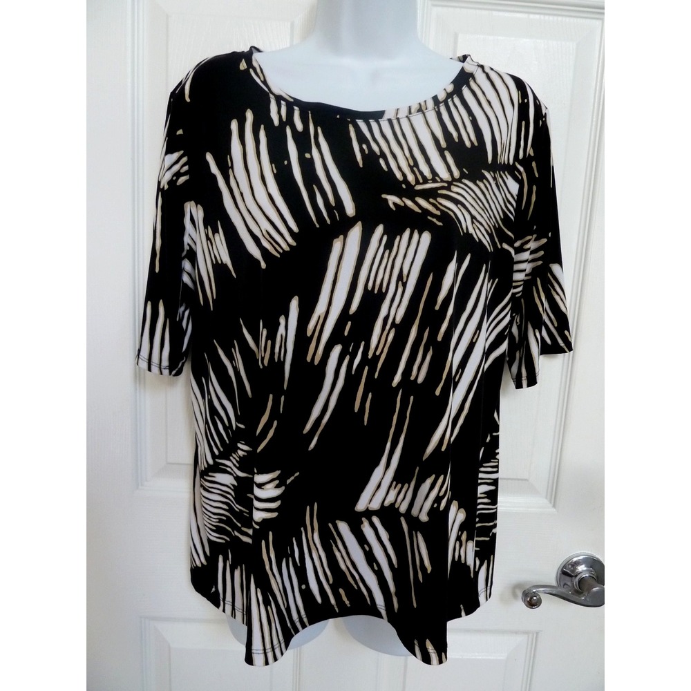 Chicos Size 2 12 Large Zipper Back Career Office Blouse Abstract Black Beige